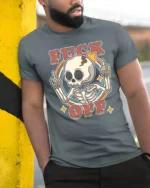 Sarcastic Skull Fuck Off Middle Finger Retro Graphic Tshirt - model wearing grey tee, leaning on column