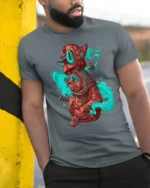Surreal Mystic Bear Smoke Pattern Fantasy Graphic Tshirt - model wearing grey tee, leaning on column