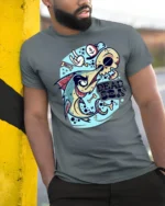 Angry Swordfish Dead Sea Skull Sailor Graphic Tshirt - model wearing grey tee, leaning on column