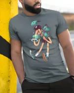 Surreal Weird Boy Long Legs Optical Illusion Graphic Tshirt - model wearing grey tee, leaning on column