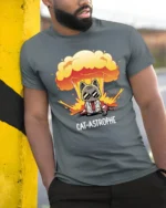 Explosive Cat Astrophe Mad Scientist Mushroom Cloud Tshirt - model wearing grey tee, leaning on column