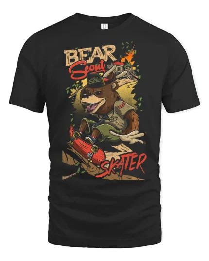 Adventurous Bear Scout Skater Retro Outdoor Graphic Tshirt - black t-shirt on white background
