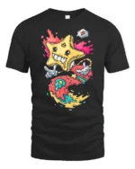 Radiant Melting Star Cartoon Character Colorful Graphic Tee - black t-shirt on white background