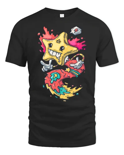 Radiant Melting Star Cartoon Character Colorful Graphic Tee - black t-shirt on white background