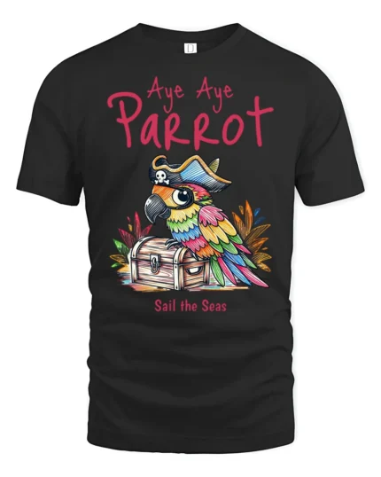 Pirate Parrot Captain Treasure Chest Nautical Graphic Tee - black t-shirt on white background