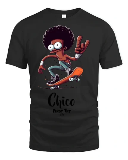 Radical Chico First Try Skateboarding Afro Character Tshirt - black t-shirt on white background