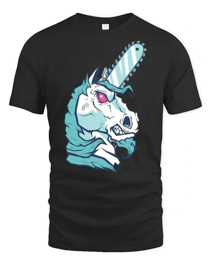 Cybernetic Chainsaw Unicorn Horn Horror Sci Fi Graphic Tee - black t-shirt on white background