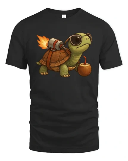 Speeding Turbo Jetpack Turtle Coconut Drink Graphic Tshirt - black t-shirt on white background
