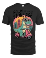Sarcastic Dinosaur Riding Scooter Stone Age Graphic Tshirt - black t-shirt on white background