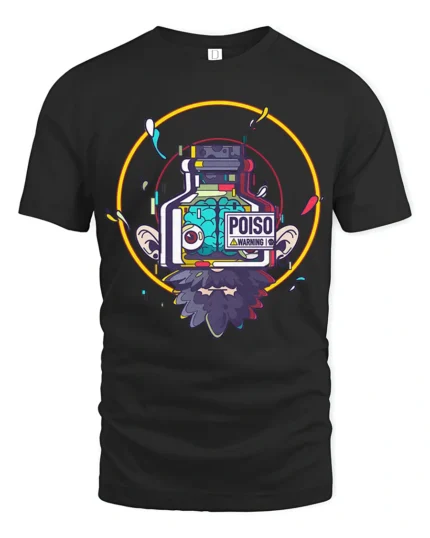Cyber Glitch Poison Bottle Lab Brain Retro Graphic Tshirt - black t-shirt on white background