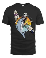 Skeleton Surfer Riding Shark Tropical Sunset Graphic Tee - black t-shirt on white background