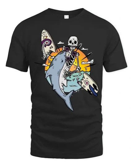 Skeleton Surfer Riding Shark Tropical Sunset Graphic Tee - black t-shirt on white background