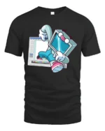 Retro Computer Character Breaking From Software Graphic Tshirt - black t-shirt on white background