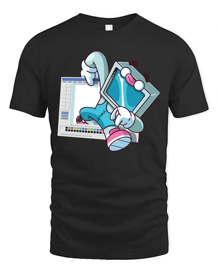 Retro Computer Character Breaking From Software Graphic Tshirt - 1 Retro Computer Character Breaking From Software Graphic Tshirt - black t-shirt on white background