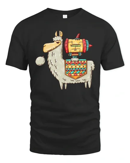 Sarcastic Rocket Llama Jetpack Tribal Pattern Graphic Tshirt - black t-shirt on white background
