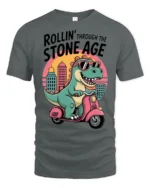 Sarcastic Dinosaur Riding Scooter Stone Age Graphic Tshirt - gray t-shirt on white background
