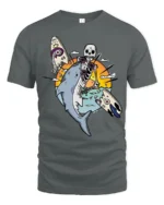 Skeleton Surfer Riding Shark Tropical Sunset Graphic Tee - gray t-shirt on white background
