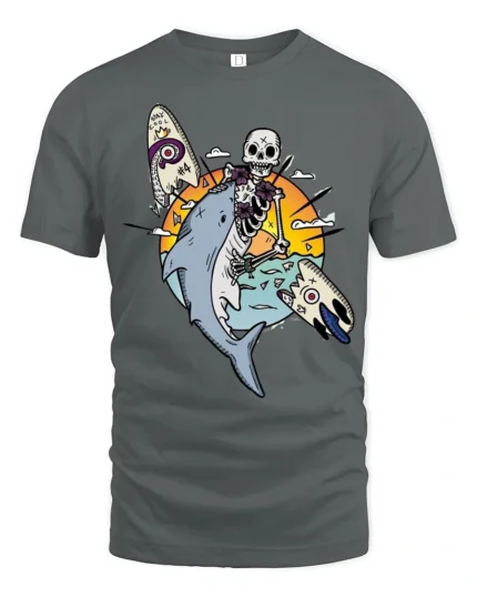 Skeleton Surfer Riding Shark Tropical Sunset Graphic Tee - gray t-shirt on white background