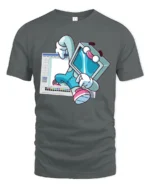 Retro Computer Character Breaking From Software Graphic Tshirt - gray t-shirt on white background