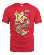 Radiant Melting Star Cartoon Character Colorful Graphic Tee - red t-shirt on white background