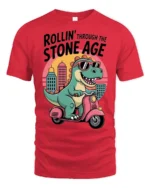 Sarcastic Dinosaur Riding Scooter Stone Age Graphic Tshirt - red t-shirt on white background