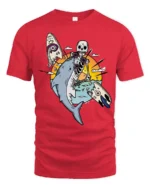 Skeleton Surfer Riding Shark Tropical Sunset Graphic Tee - red t-shirt on white background