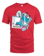 Retro Computer Character Breaking From Software Graphic Tshirt - red t-shirt on white background