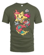 Radiant Melting Star Cartoon Character Colorful Graphic Tee - military green t-shirt on white background