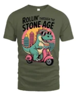 Sarcastic Dinosaur Riding Scooter Stone Age Graphic Tshirt - military green t-shirt on white background