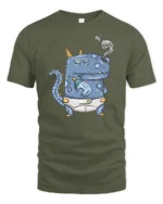 Funny Toddler Dinosaur Drinking Milk Smoker Graphic Tee - military green t-shirt on white background