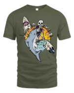 Skeleton Surfer Riding Shark Tropical Sunset Graphic Tee - military green t-shirt on white background