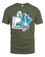 Retro Computer Character Breaking From Software Graphic Tshirt - military green t-shirt on white background