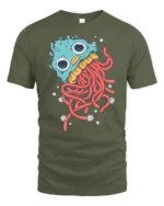 Whimsical Deep Sea Jellyfish Wide Eyed Ocean Graphic Tee - military green t-shirt on white background