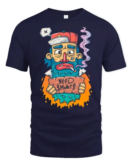 Sarcastic Homeless Man Need Money Smoking Graphic Tshirt - navy t-shirt on white background