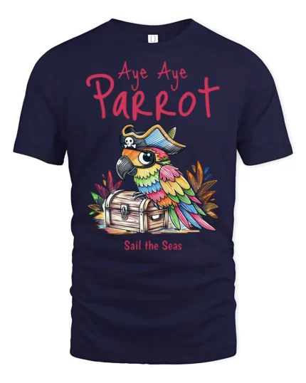 Pirate Parrot Captain Treasure Chest Nautical Graphic Tee - navy t-shirt on white background