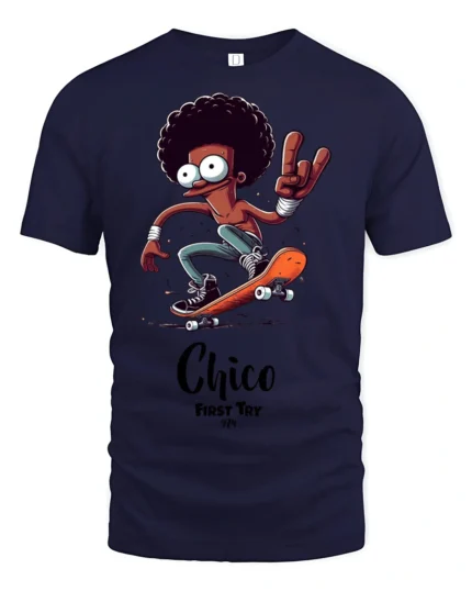 Radical Chico First Try Skateboarding Afro Character Tshirt - navy t-shirt on white background