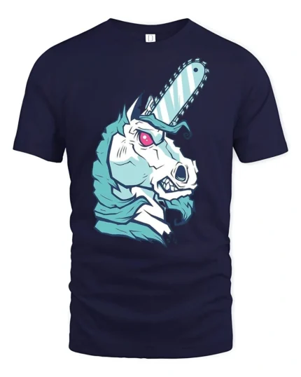 Cybernetic Chainsaw Unicorn Horn Horror Sci Fi Graphic Tee - navy t-shirt on white background