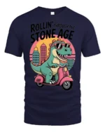 Sarcastic Dinosaur Riding Scooter Stone Age Graphic Tshirt - navy t-shirt on white background