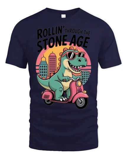 Sarcastic Dinosaur Riding Scooter Stone Age Graphic Tshirt - navy t-shirt on white background