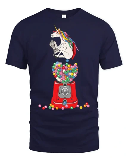 Charming Scholarly Unicorn Reading Newspaper Gumball Tshirt - navy t-shirt on white background