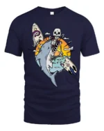 Skeleton Surfer Riding Shark Tropical Sunset Graphic Tee - navy t-shirt on white background