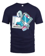 Retro Computer Character Breaking From Software Graphic Tshirt - navy t-shirt on white background