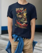 Adventurous Bear Scout Skater Retro Outdoor Graphic Tshirt - model wearing navy tee with hands in pockets