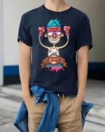Victorious Nerd Fighter King Boxing Belt Graphic Tshirt - model wearing navy tee with hands in pockets