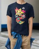 Radiant Melting Star Cartoon Character Colorful Graphic Tee - model wearing navy tee with hands in pockets