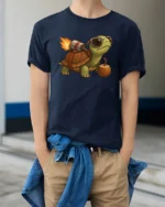 Speeding Turbo Jetpack Turtle Coconut Drink Graphic Tshirt - model wearing navy tee with hands in pockets