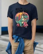 Sarcastic Dinosaur Riding Scooter Stone Age Graphic Tshirt - model wearing navy tee with hands in pockets