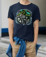 Radical BMX Gator Extreme Sports Alligator Graphic Tshirt - model wearing navy tee with hands in pockets