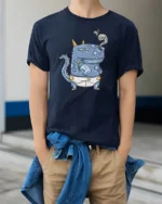 Funny Toddler Dinosaur Drinking Milk Smoker Graphic Tee - model wearing navy tee with hands in pockets