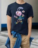 Quirky Interstellar Hare Golden Bracelets Graphic T shirt - model wearing navy tee with hands in pockets